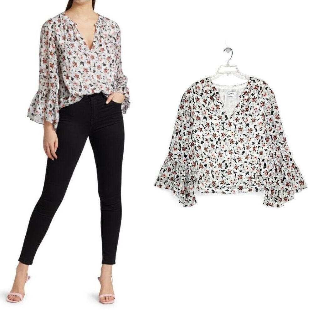 TANYA TAYLOR Harper Floral Bell-Sleeve Top Small Boho  Romantic Fairy Silk Blend